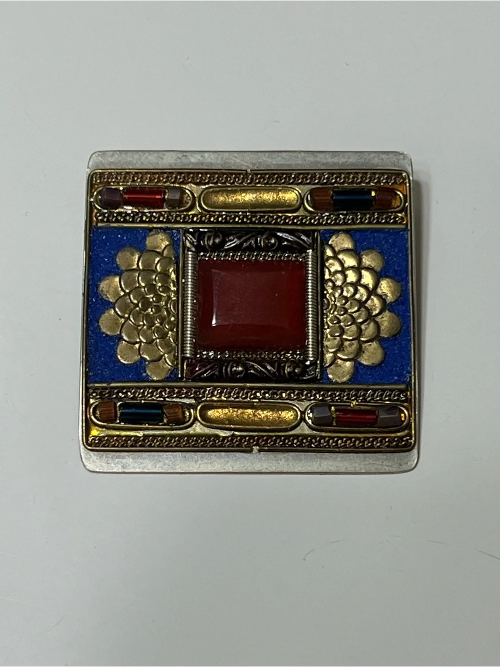 Vintage Byzantine Mosaic Square Decorative Brooch/Pendent with Red Cabochon